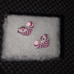 Pink Striped Cheshire Cat Stud Custom Earrings.